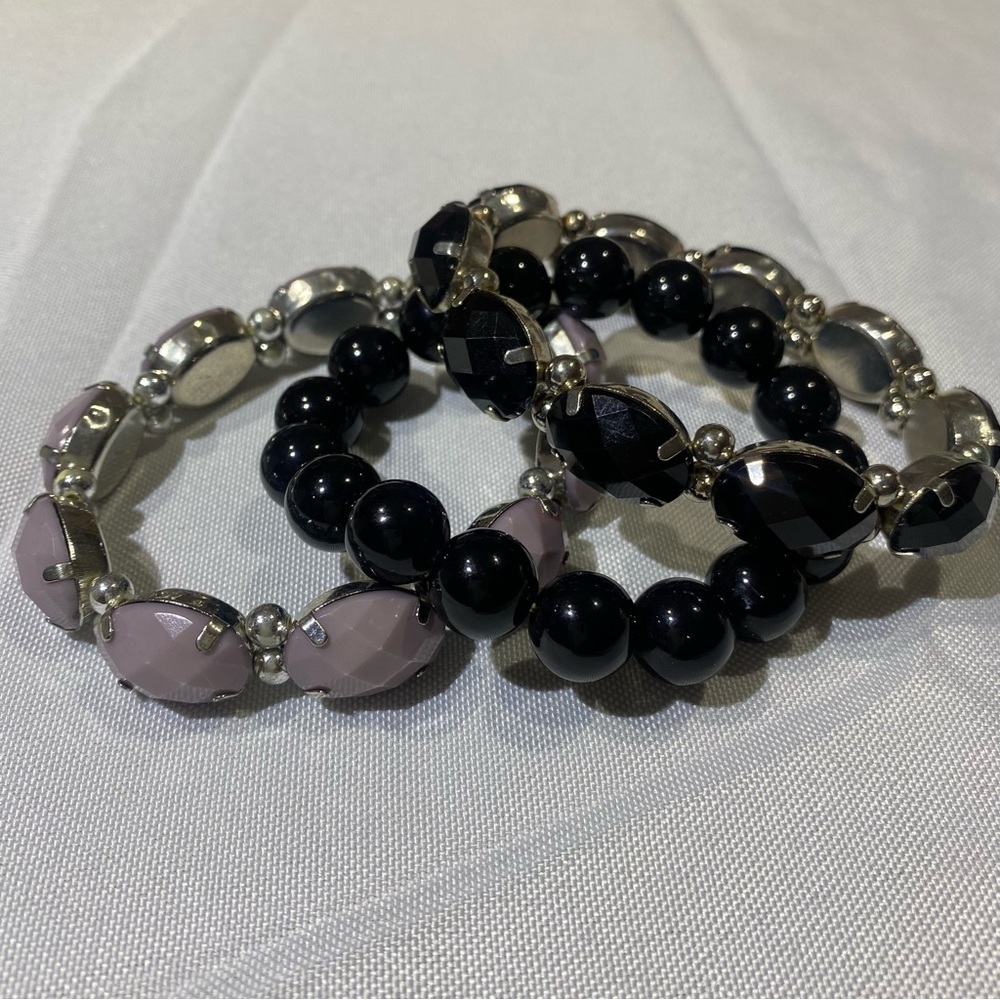 Elegant Black, Purple and Silver Beaded Bracelet Set